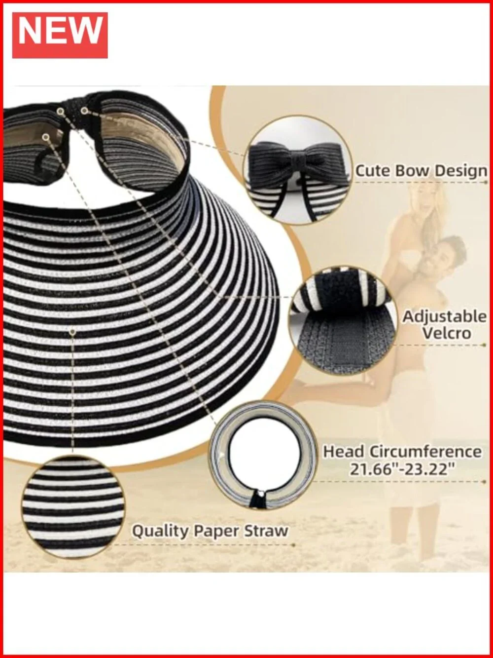 Wide Brim Paper Straw Sun Visor Hat UPF 50+ Foldable Adjustable